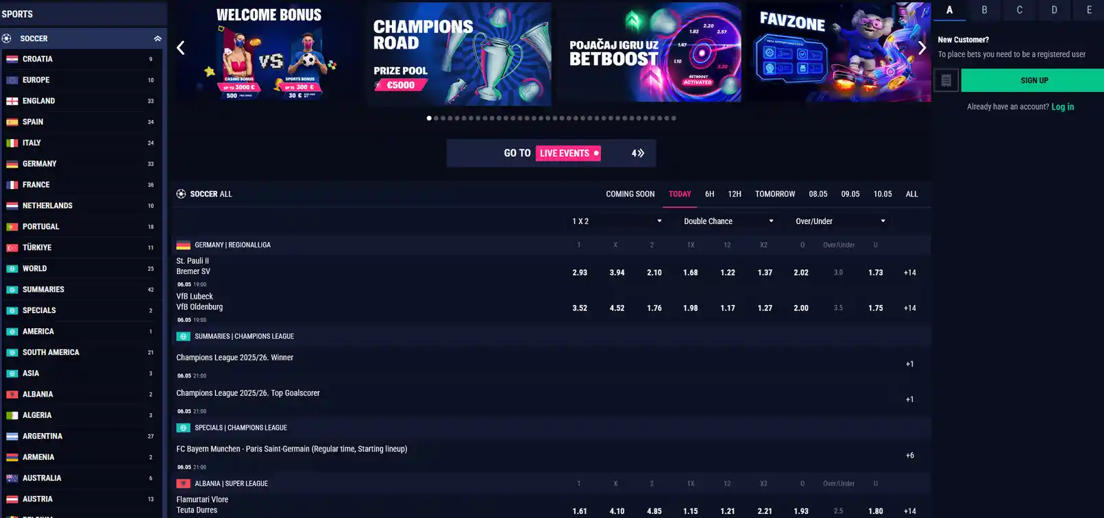 Sportwettenbereich von Favbet mit Veranstaltungsübersicht für Fußball, Tennis und E-Sport, Wettschein für Einzel- und Kombiwetten sowie dynamischen Live-Quoten