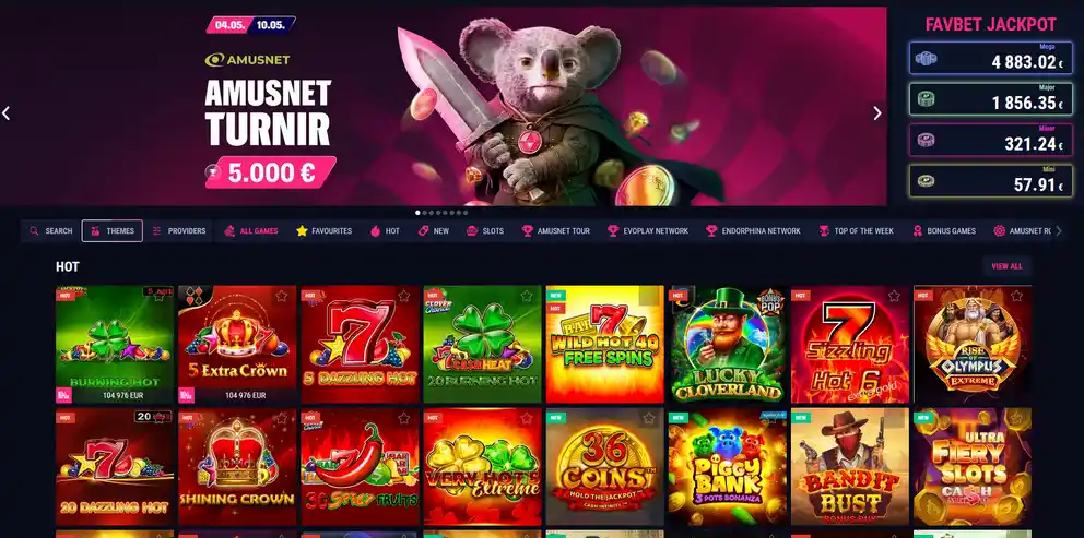 Casino-Lobby von Favbet mit Karussell der Hits der Woche, Kategorien für Slots, Live-Dealer, Crash-Spiele und Schnellsuchleiste nach Spielnamen