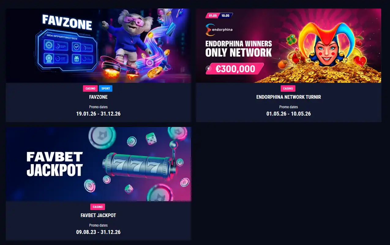 Promo-Bereich des Favbet Casinos mit aktiven Boni auf Slots, Freispielpaketen, Turnierpreisen und personalisierten Angeboten für aktive Spieler